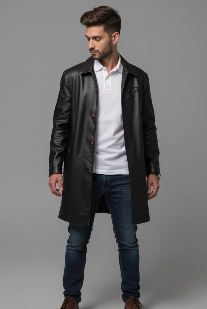 Un hombre blanco con chaqueta de cuero cierre  negra elegant ,shirt collar jacket ,  with open legs  ,leather jacket , black leather jacket,  with brown leather boots or ankle boots , elegant, white collar polo, camiseta blanca, con reloj elegant,  watch w...