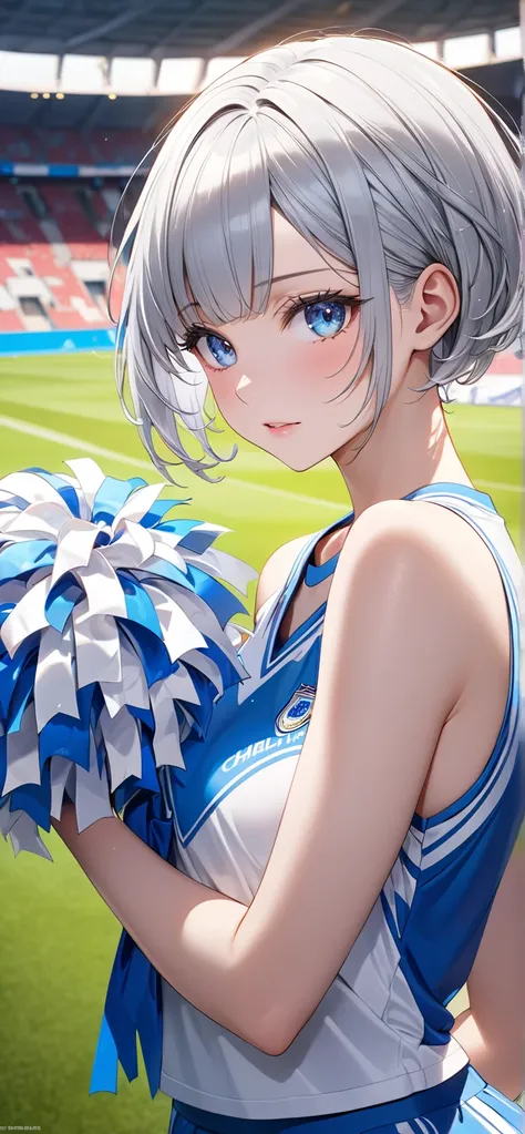 Ultra high resolution, rich colors, perfect image, best quality, detailed image, beautiful single woman, glowing skin, skin and clothing texture, delicate eyes, soccer stadium, cheerleader, holding pom-poms, (((silver bob hair))), blue eyes