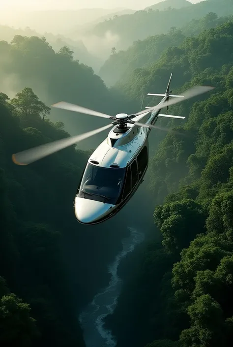 realistic,  Im flying just across the jungle in a luxurious helicopter, View from behind like in a movie 