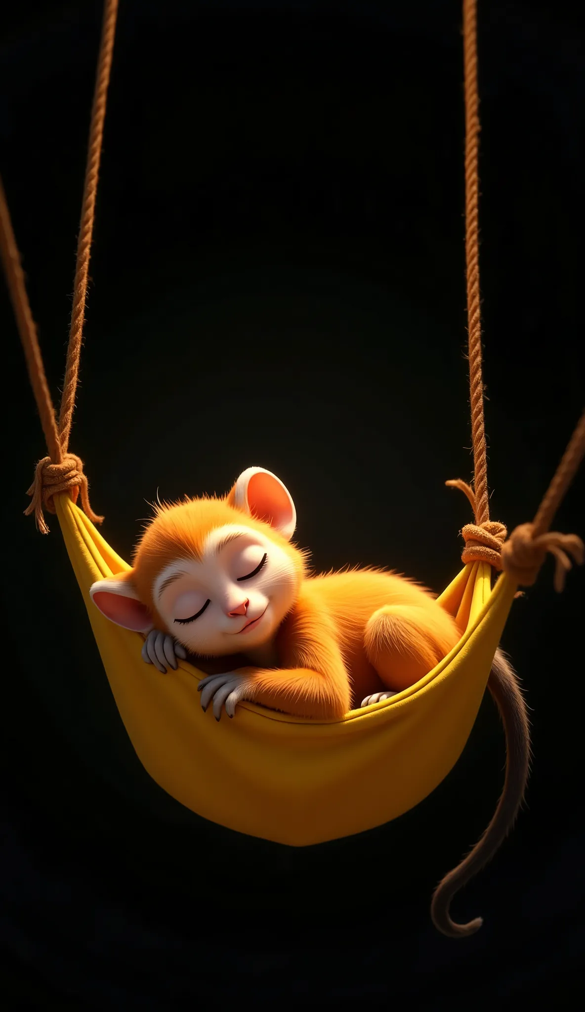 create an image where a monkey inspired by disney pixar cartoons, eyes closed, sleep create a fun and funny image of a golden li...