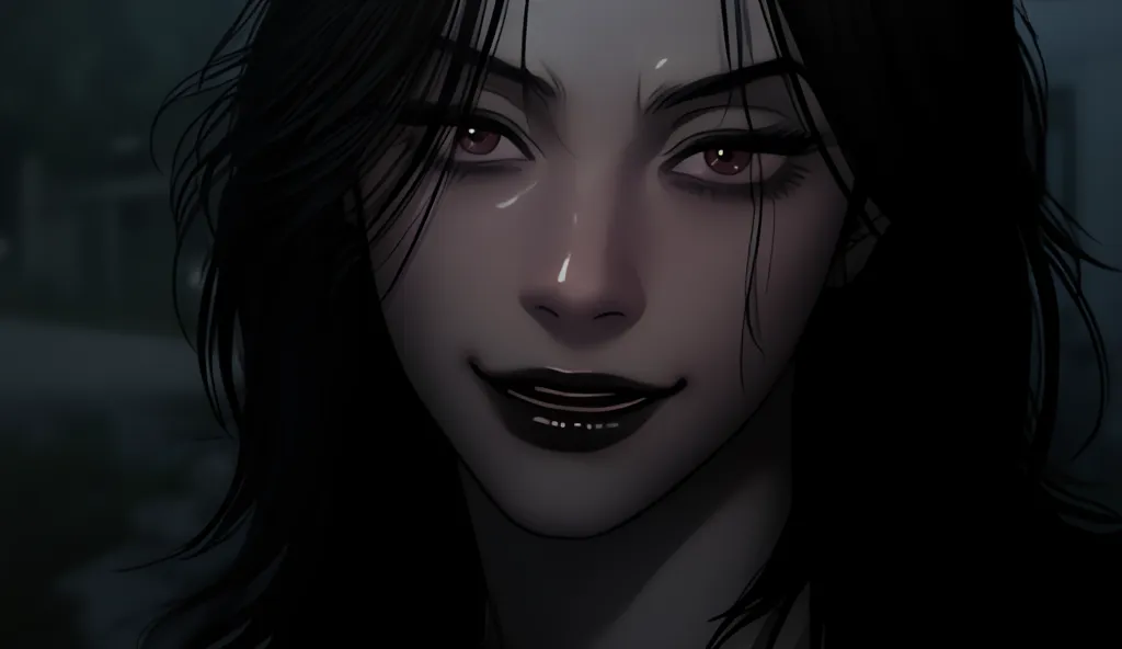 ((masterpiece)), ultra-realistic, portrait of a beautiful dark-skinned vampire with (black lips), a deep dark makeup, bright blu...