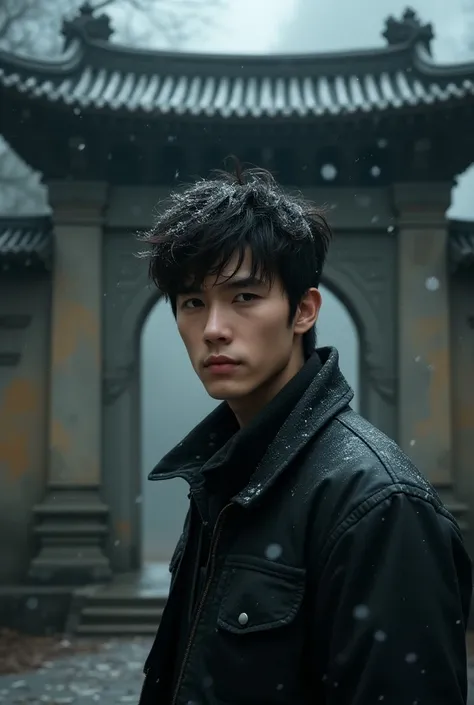 A close-up of Jia, a disheveled young man with a lost look, standing in front of the temple gates, surrounded by falling snow.