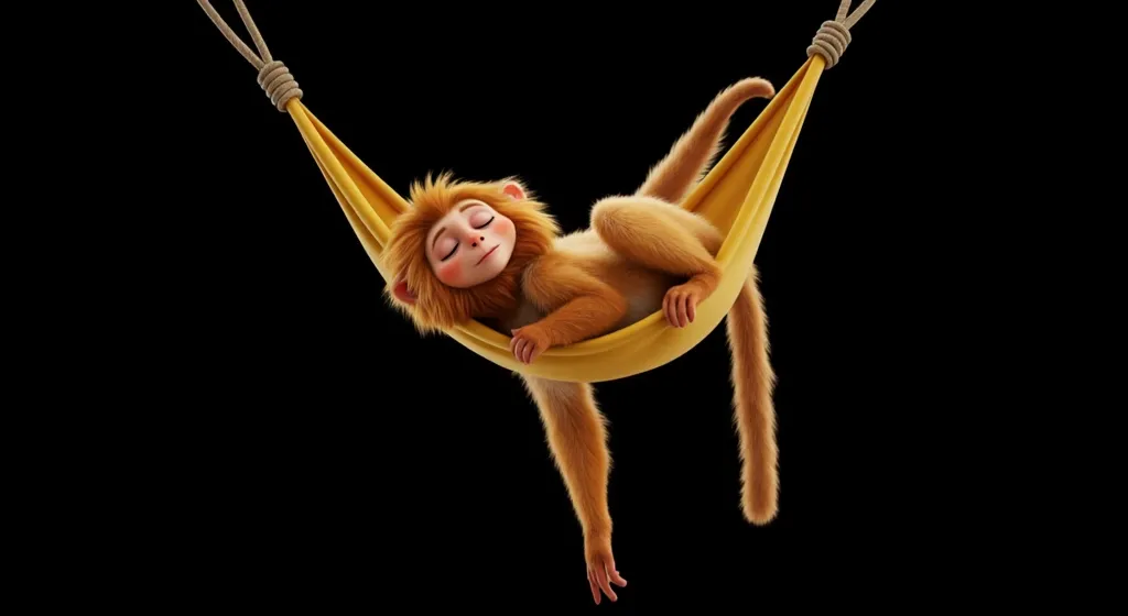 create an image where a monkey inspired by disney pixar cartoons, eyes closed, sleep create a fun and funny image of a golden li...