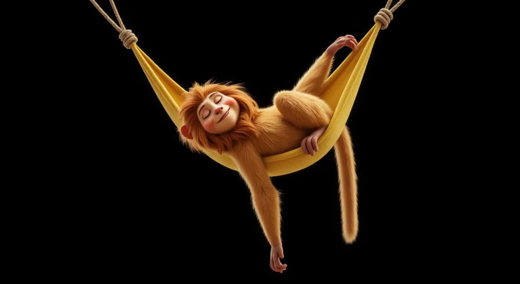 create an image where a monkey inspired by disney pixar cartoons, eyes closed, sleep create a fun and funny image of a golden li...