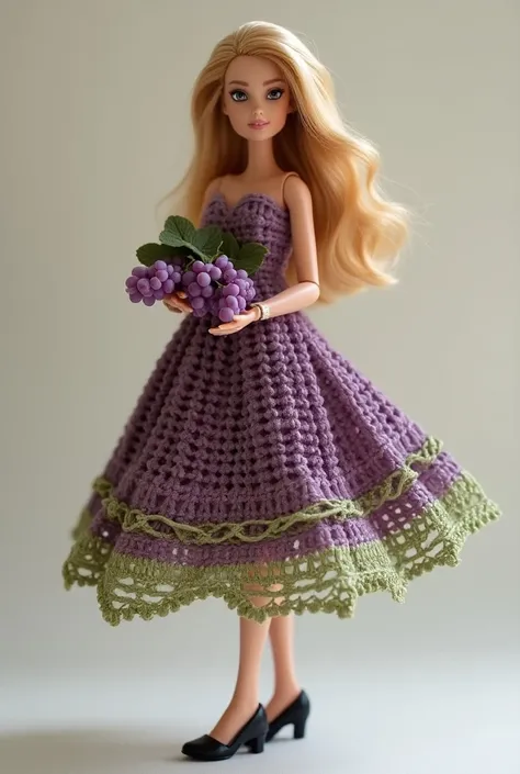  A beautiful Barbie doll wearing a purple crochet dress with a green crochet finish, She wears black shoes and has a bunch of grapes in her hands 