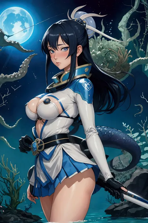 Masamune Shirow, Hermann Huppen, Edward Baird, Charles Vess, Shigeru Hatsuyama, Surrealism, wonder, strange, bizarre, fantasy, Sci-fi, Japanese anime, blue universe beneath the water surface, Aquanaut, crinoid forest, giant squid, miniskirt beautiful high ...