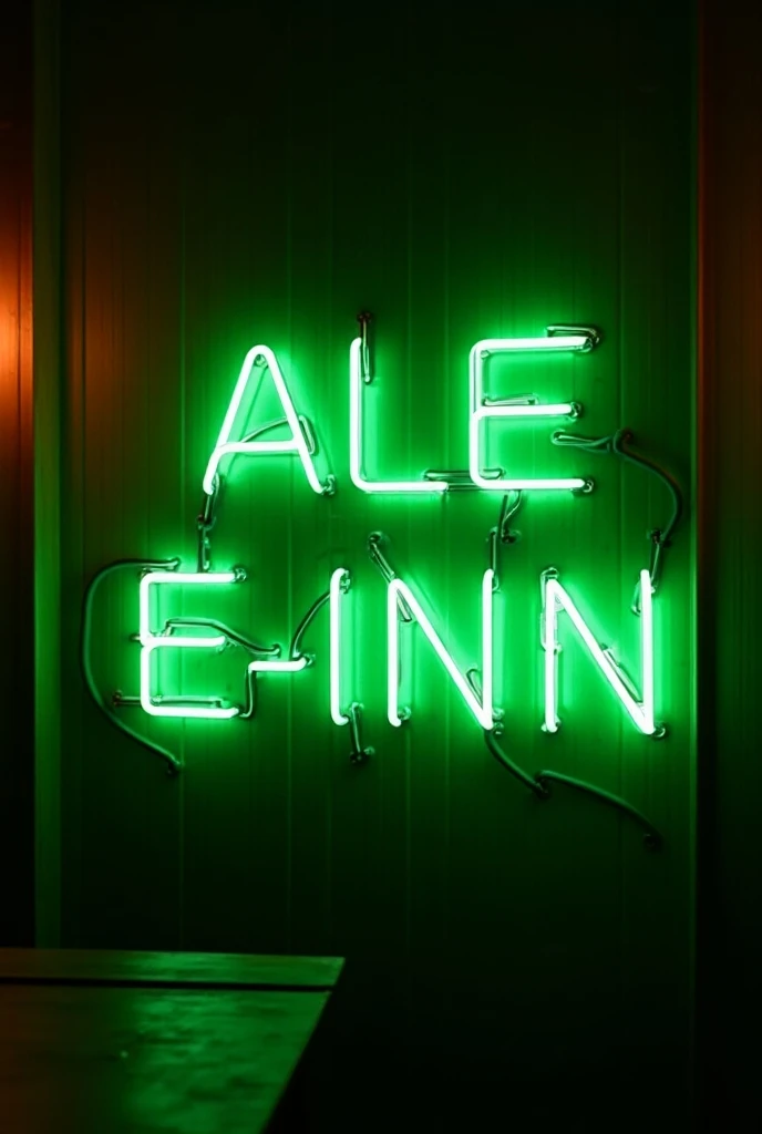 the words "ALE-E-INN." made of bold, capital letters glowing neon letters in a vibrant green hue against a warm, wooden backdrop
