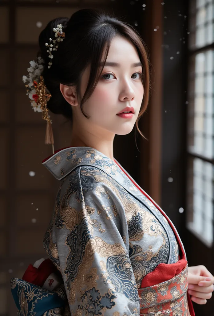 (beautiful model in japanese kimono commercial), (solo), ((face is 80% beauty and elegance, 20% pretty and cute:1.5)), (her root...