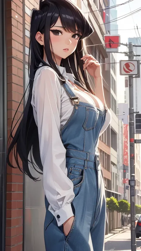 Komi Shouko in spring clothes, shirt, blouse, tight overalls short, large breasts, cleavage, cityscape, flirtatious look, ((very detailed)), (perfectly detailed face), (well detailed hand) photorealistic image.