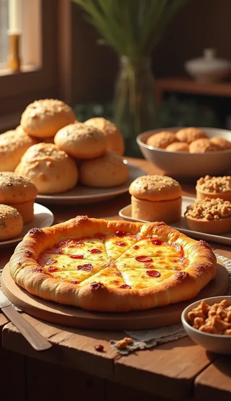 table with pizza, bread, cookie 