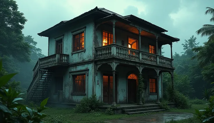 an old and worn Brazilian-style house, with a burning window