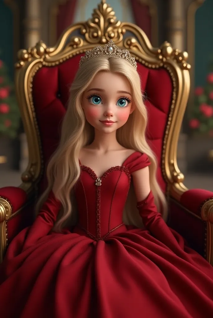 Perfect means,  detail face  , 14-year-old girl,  princess your toddler,  blue eyes, blonde, smile, Crimson classic dress ,  gorgeous dress , shawl, Cape, Gorgeous skirt, drawer,  gorgeous tiara on her head, royal palace,  are sitting on the throne