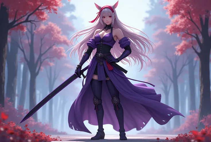   masterpiece  ,best quality,height,ultra-detailed,Yuki (star),Pointed ears,Long hair,Ahogge,red headband, Leonard , Purple Open Shoulder Steel Armor, Purple Sleeve ,Split arm,Purple gloves,  Classic Purple Longsword  ,belt,Long skirt,(purple skirt:1.2),Bo...