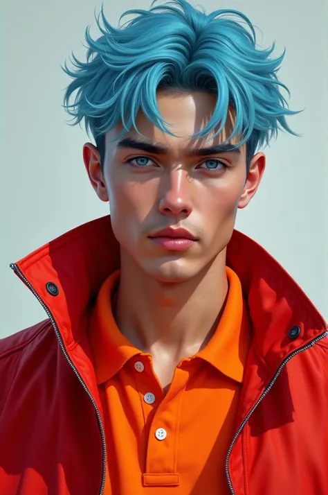 A male human with blue eyes, red jacket and orange polo shirt and light blue hair. 