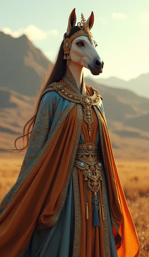 Ultra-realistic 4K image of a humanoid female Akhal-Teke horse, elegantly dressed in a flowing, royal mantle adorned with intricate designs inspired by traditional Kazakh patterns, in rich shades of gold and blue, symbolizing the nobility and heritage of t...