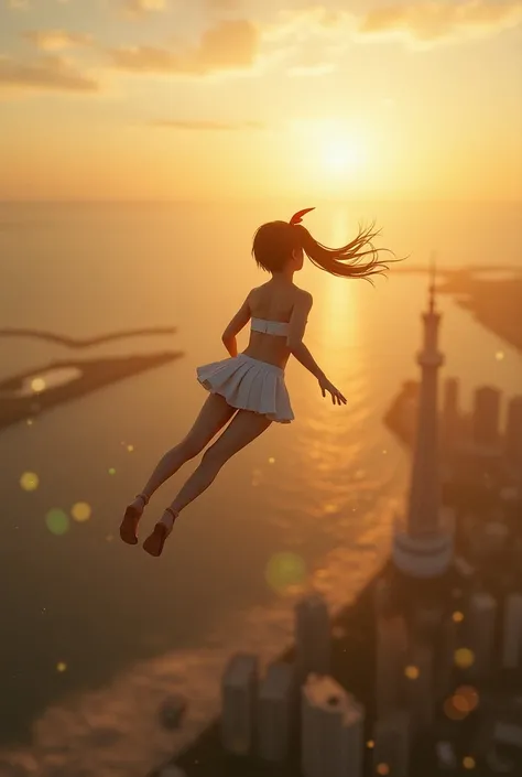 Haunting Live-Action, Extremely Detailed Innocent JK Diving from Yokohama Landmark Tower. Magic Hour Miracle, Sparkling, LifeLike Rendering, MotionBlur, (XLabs F.1 Realism LoRA V1), White Sailor Uniform with Thongs, Red Ribbon Ponytail hair fluttering in t...