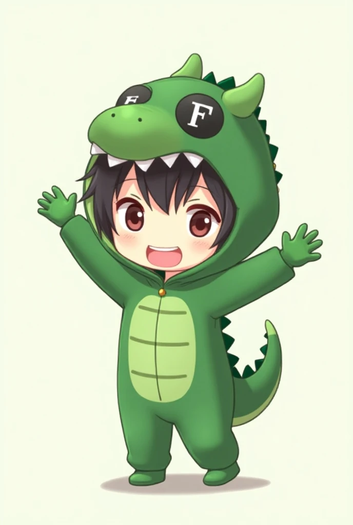 anime, Chibi, Medium short , emote for twitch, a person in green dinosaur pajamas with a mask with a key of a f