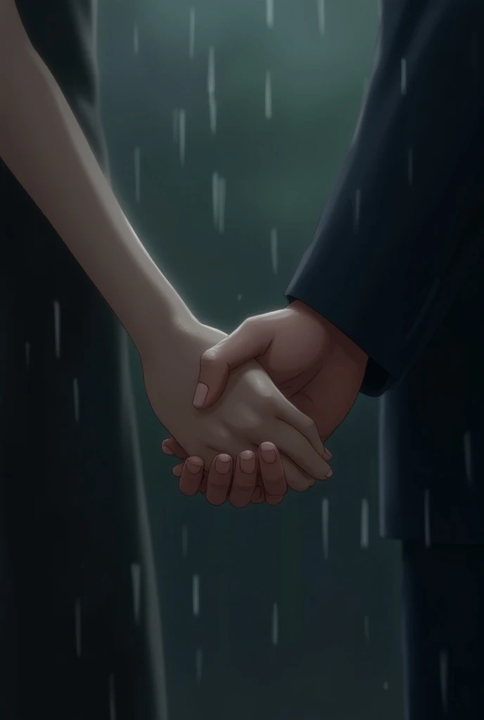 An intimate, melancholic scene showing just the hands of a man and a woman in a soft, anime-style illustration. In the first part, their hands are gently intertwined, conveying a sense of closeness and connection. The hands are delicate, with subtle detail...