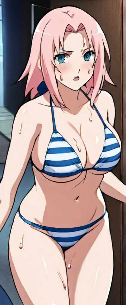  ultra resolution image, masterpiece , The best quality、(( Official Art ))、
1girl ,(blush), busty,、(Sakura haruno)、(( looking straight ahead,Front body))、pink hair BREAKS 
((striped bikini:1.2)),micro bikini,(wet、sweat)、 open legs 、crouching、 looking strai...