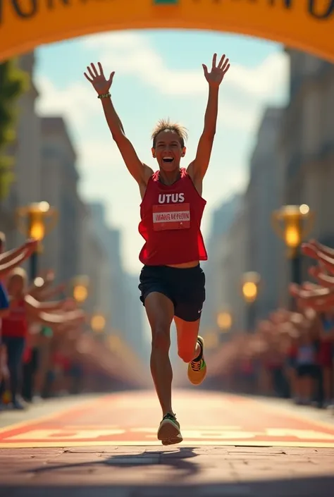 As an image of a person running a marathon and on the chest say Utus 
Reaching the finish line raising your hands as a sign of victory 🏆