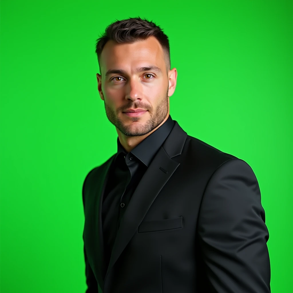 Brown-eyed athletic man dressed in a matching black suit and with bright green background