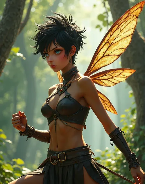 european characteristics, full body shot, closed fists, Flying, pretty female faerie, wild pixie cut black hair, large eyes, serene look large transparent insect wings, hovering in forest clearing, defensive stance, intricate fantasy leather tunic, side sl...