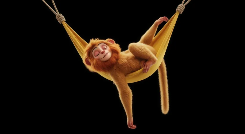 create an image where a monkey inspired by disney pixar cartoons, eyes closed, sleep create a fun and funny image of a golden li...