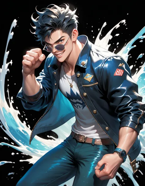 score_9, score_8_up, score_7_up, rockstar boy, black jacket, cool, from side, leaning forward, epic pose, muscular, evil smile, looking at viewer, simple black background, cowboy shot, dynamic pose, splash art, concept art, cowboy shot,black hair, sunglass...