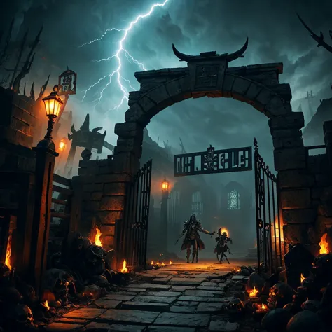 Gate to Hell with Lightning,  permeated by skeletons ,  The Hell Father waits at the end , (masterpiece:  highest quality , Artwork, detailed content , lighting effects, Light,  dark elements , Fantasy world .