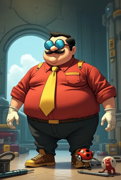  A fat man wearing a bald long-sleeved red shirt , and a giant yellow tie , wearing black pants and completely brown sneakers ,  and with a big black mustache with white gloves and beige skin ,  and glasses in the shape of a blue circle that didnt show his...