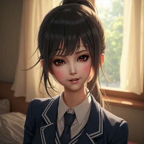  1 girl ，(とてもcute女子高生:1.3)，masterpiece，Best Quality， high resolution on down，((( photorealistic :1.4)))， RAW Photos， ray tracing， Physically Based Rendering， Beautiful Girl，(Age 15:1.4)，cute，A faint smile，(detailed pupils:1.2)，(The face is facing straight ...