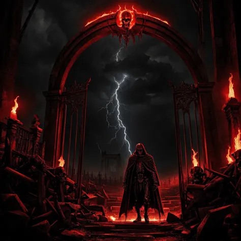 Gate to Hell with Lightning,  permeated by skeletons ,  The Hell Father waits at the end , (masterpiece:  highest quality , Artwork,  detailed content, Light, red elements ,  dark elements .