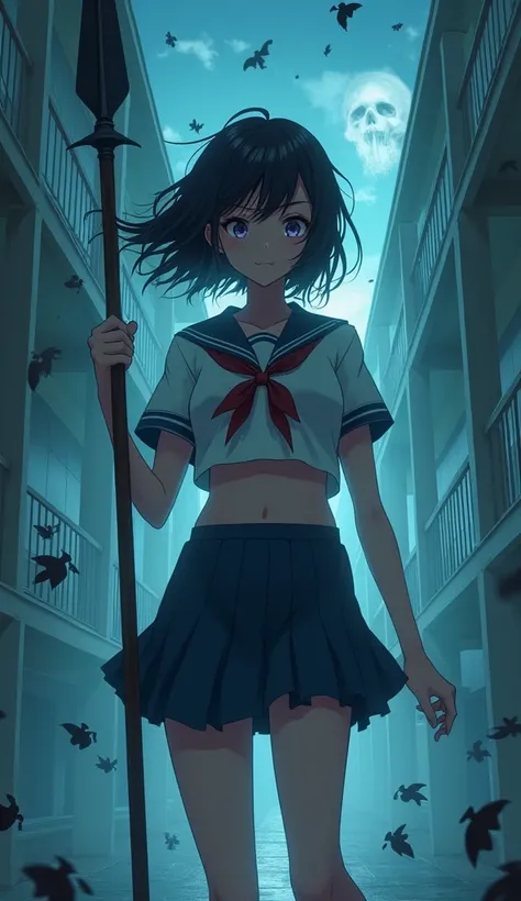 girl, solo, high school girls sailor uniform, Big Breasts, Holding a spear, A world of spooky vibes, School building at night, Face off against ghosts, anime, anatomically correct, textured skin, high details, super detail, best quality