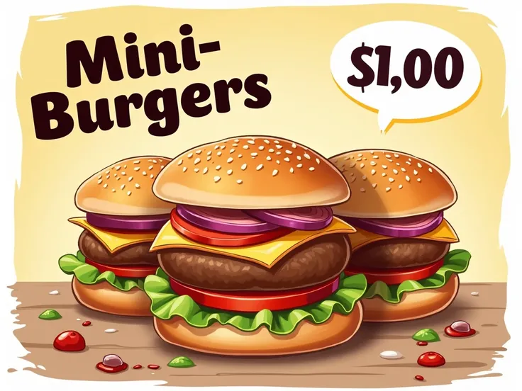  a poster for the sale of mini hamburgers ,  with the onion ingredients, meat, Potatoes, lettuce tomato and sauces .  in the upper part must be the words  "Mini-Burgers "  and in the lower right corner a bubble or exclamation appropriate to write the price...