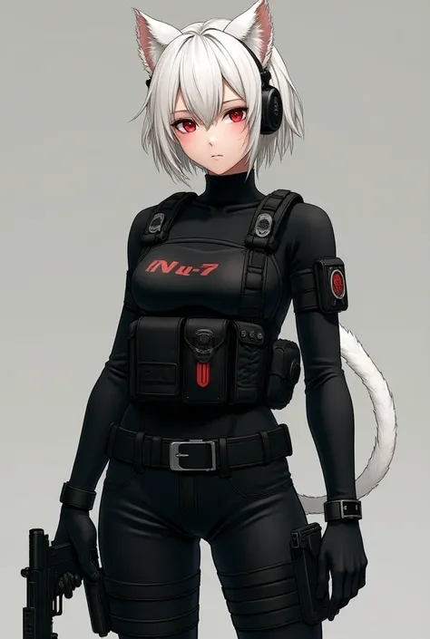  A sweet 28-year-old girl with short white hair up to her shoulders,  cat ears and tail ,  with red eyes ,  sweet face , size 2 breasts ,  slim ,  with a fit figure .  Wears a black military uniform with a  "Nu-7 Hammer Dawn" on the left shoulder, boots,  ...