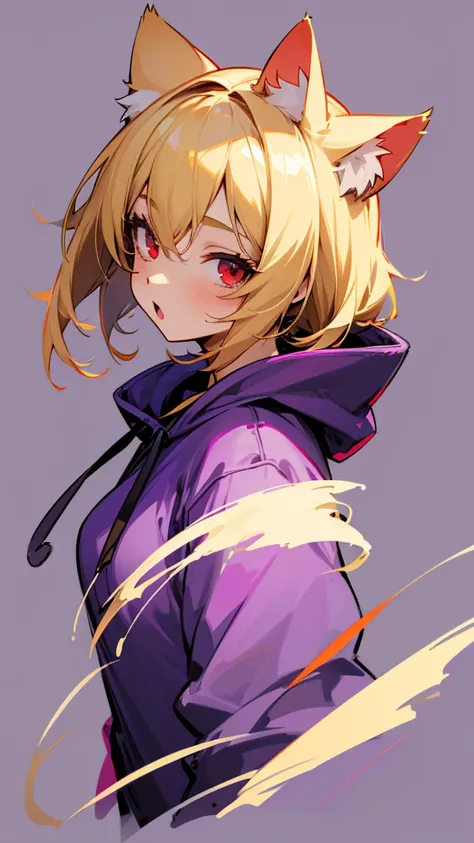  1 girl,  shortcut , Blonde, Red eyes, Cat ears, Best Quality, Character portrait,  illustration, Purple hoodie, high resolution on down,  open your mouth ,  simple background,  character design drawing, 