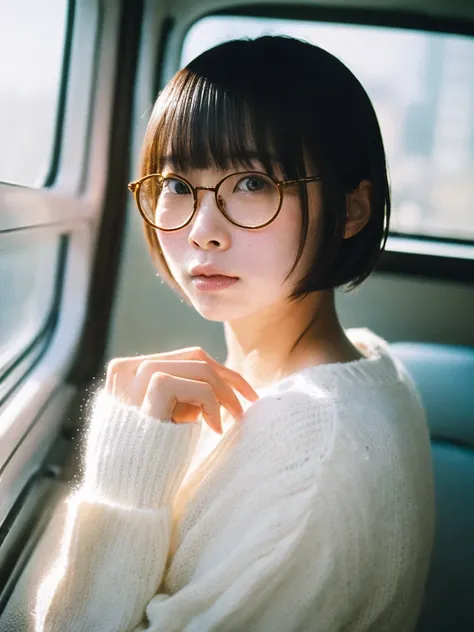 Japanese women, white sweater、Sweaty shiny skin、Young Face, Bob Cut Hair, morning, window, Incomplete details, Shooting with Leica, analog, 35mm:: (Artistic light leakage:1.4), Lens flare::4 - Style Row - AR 2:3 --s 150 --c 4, round glasses