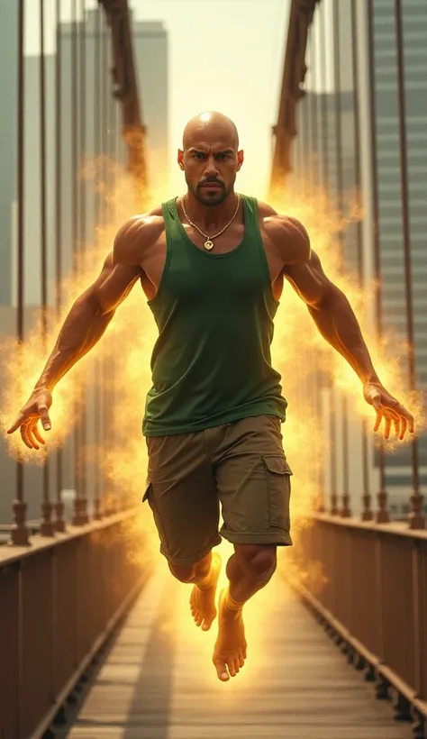 Bald Latino man with a green tank top flying with a golden alra on top of the Brooklyn Bridge 