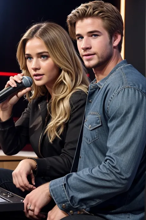 handsome male like a Liam Hemsworth and beautiful woman 30 years old, balayage and blonde hair wearing a casual clothes, talking with microphone highly detailed, with a rings detailed, on a stage talking with a young peopl hiquality, with a rings, hazel ey...