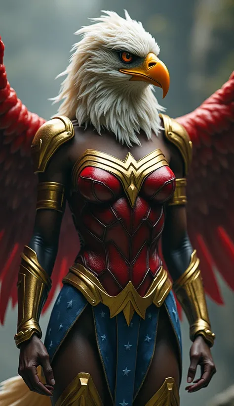 "A hybrid of Wonder Woman and an American bald eagle, with an eagle’s body clad in golden armor. The creature has fierce talons and a face that merges eagle features with Wonder Woman’s tiara. Ultra-detailed, photorealistic, vibrant colors, best quality, 4...