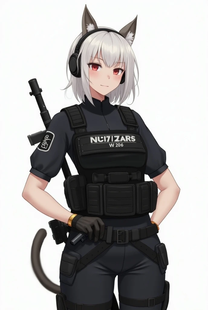  A sweet 28-year-old girl with short white hair up to her shoulders,  cat ears and tail ,  with red eyes ,  sweet face , size 2 breasts ,  slim ,  with a fit figure .  Wears a black military uniform with a  "Nu-7 Hammer Dawn" on the left shoulder, boots,  ...