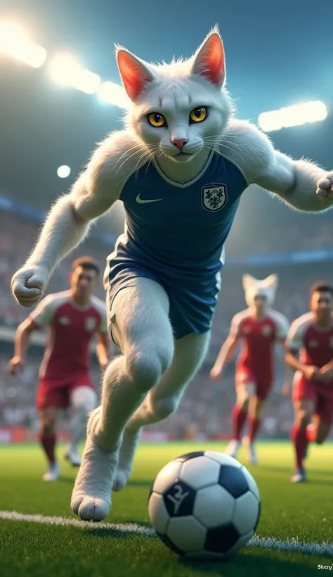 Heres a prompt for the male cat character playing football with other hybrid cats:

"A high-resolution image of a muscular white male cat-human hybrid character playing football in a lively stadium filled with fans. He has a powerful, athletic physique cov...