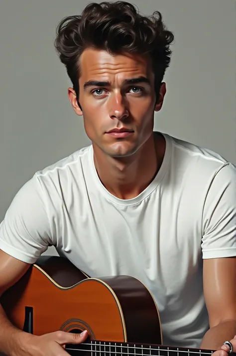 Image of James Dean wearing a white t-shirt and a guitar