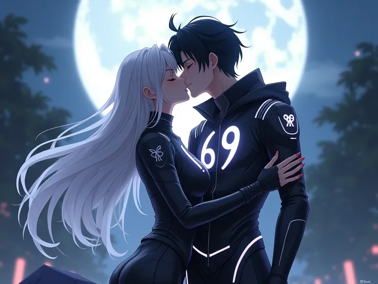 Kiss us in the Moonlight anime woman with white wait she should wear techwear clothes the anime man should have black hair and also wear techwear clothes on the clothes should be 69 