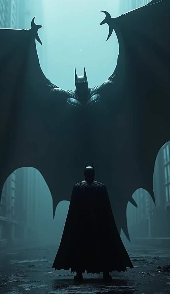 "A giant bat with wide, dark wings stands beside Batman, who watches the shadows with a vigilant gaze. The dark scene highlights the contrast between Batman’s black suit and the bat’s menacing wings. Ultra-detailed, photorealistic, vibrant lighting, best q...