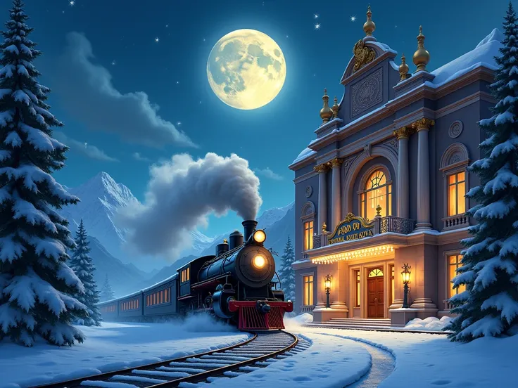  I want you to create the cover for a presentation.  I would like the cover to be a theater ,  but to include things from the movie  "The polar express " AND LET IT BE NIGHT