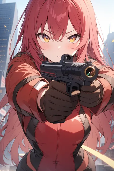 Masterpiece, solo, half body, 1girl, red hair, long hair, Leather, integral suit with gloves, red suit with yellow lines, holding gun, detailed background, outdoors, looking at viewer, aiming at viewer, view from under.