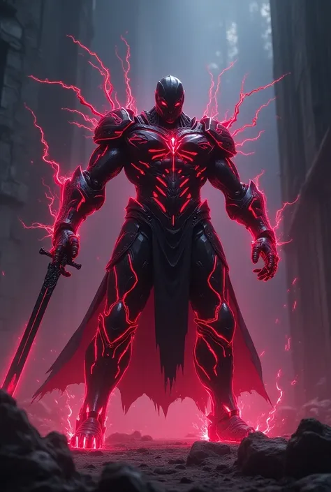 a video game boss, scary, terrifying, with an electric armor, red and purple, with a sword