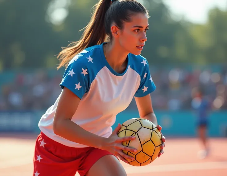 full-body teenage woman playing handball with white t-shirt with blue sleeve details and white stars,  red shorts above the knee , with the ball in her hand attacking .