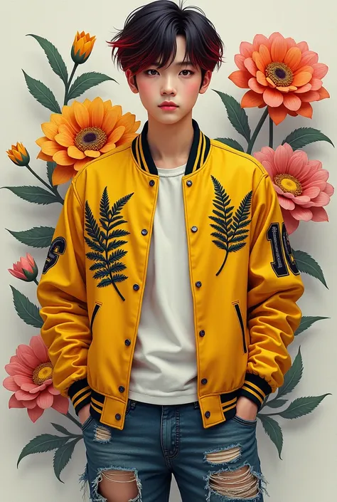  image made of ink droplets full body close-up shot of a round faced handsome young man with trendy red black masakini hairstyle of korean origin,  wears yellow varsity version t-shirt jacket patterned with fern leaf carving  ,and wearing ripped grunt moti...